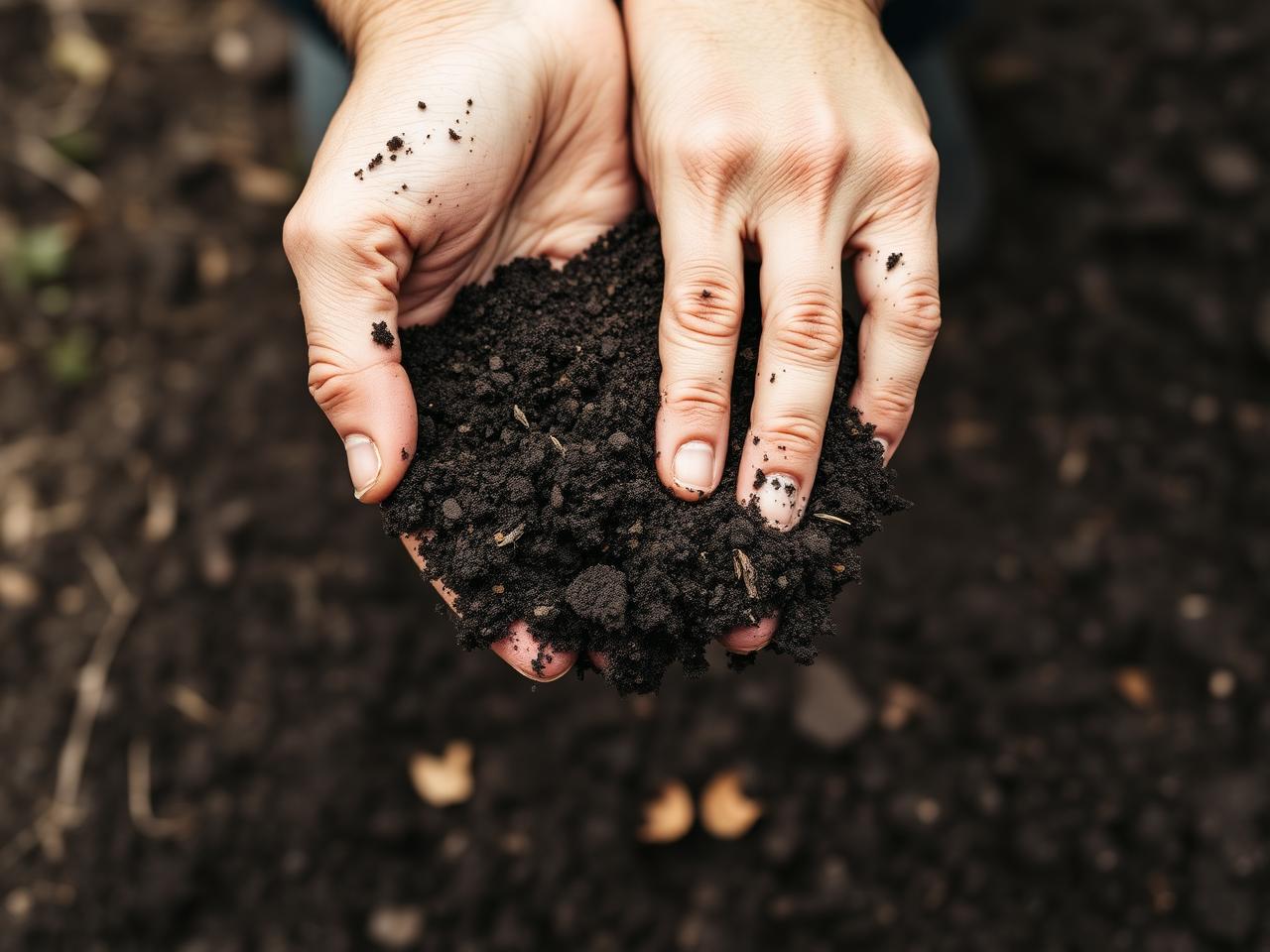 Two hands cupping dark, damp soil above a garden bed