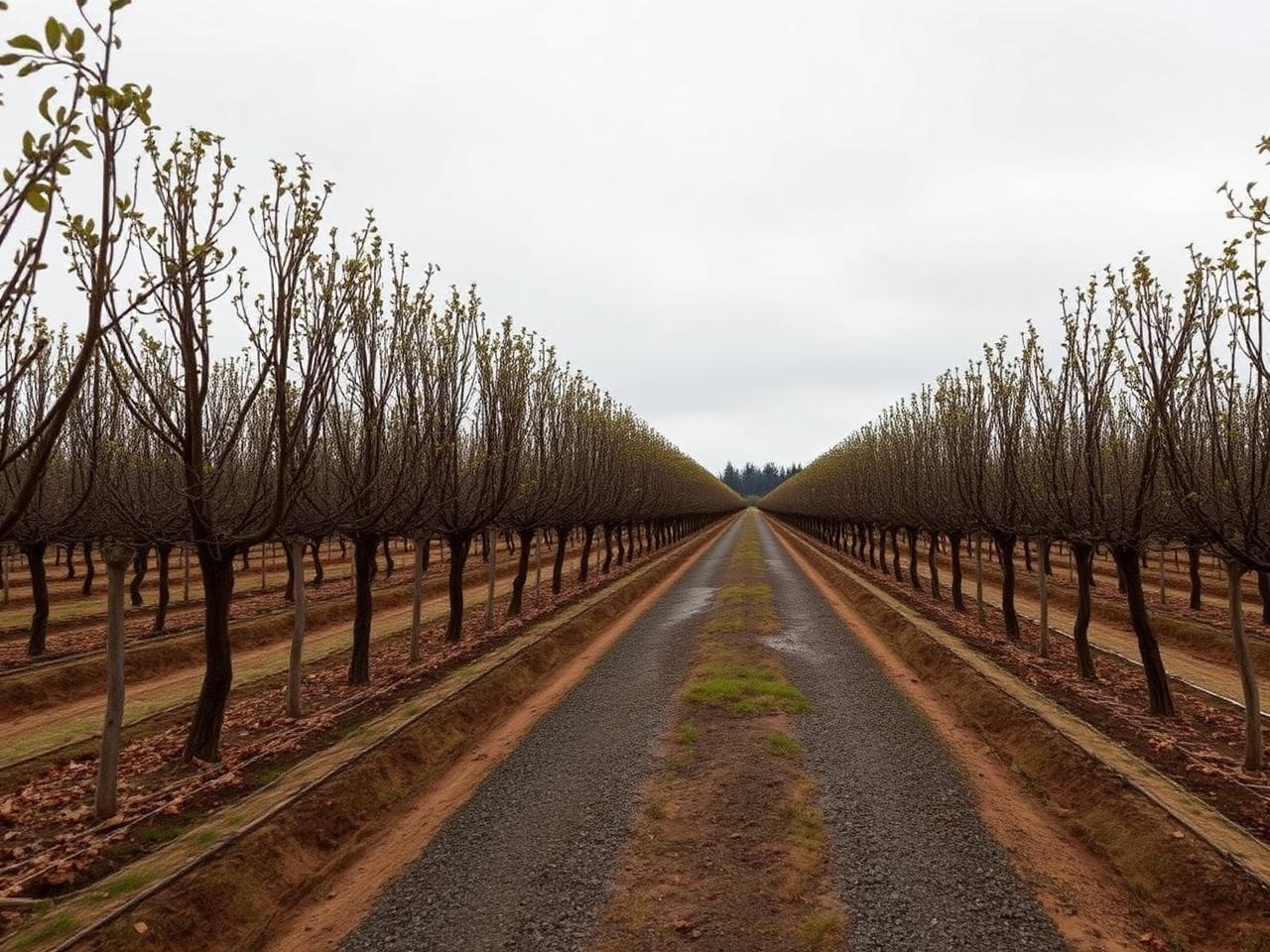 Rows of hazelnut trees along a gravel lane in an Oregon orchard under a grey sky
