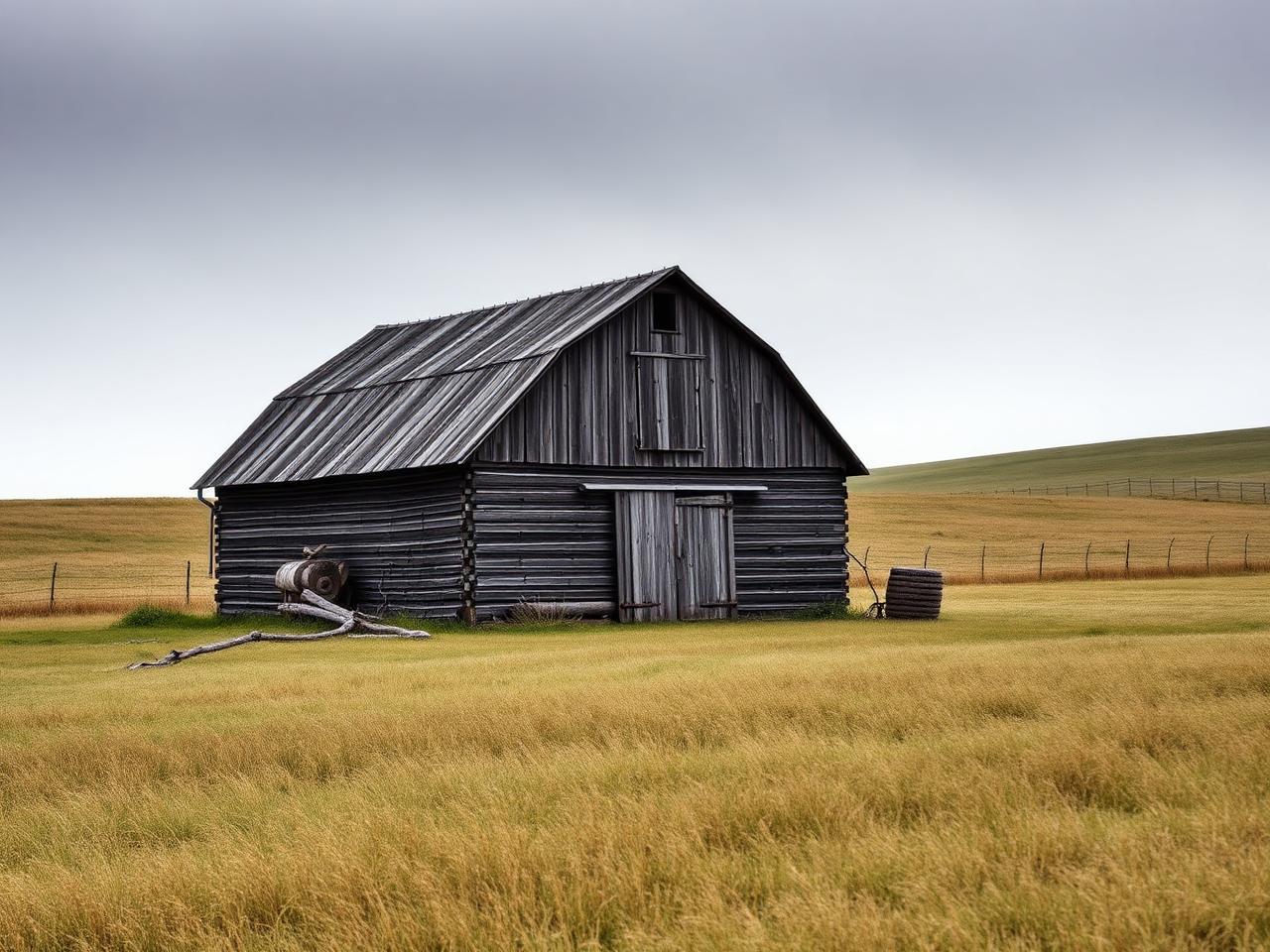 A weathered wooden barn standing in an open field under an overcast sky